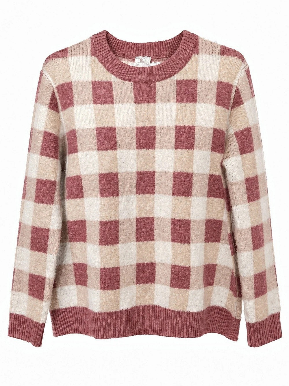 Sadie & Sage Dusty Rose Cream Checkered Knit Sweater Women’s M